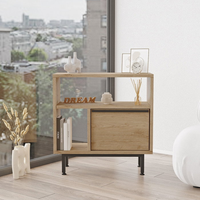 Hanah Home On6-S Mesa Auxiliar Madera Nogal Tablero Melamina 60x60x25.5cm Patas Metal Elegante Moderna